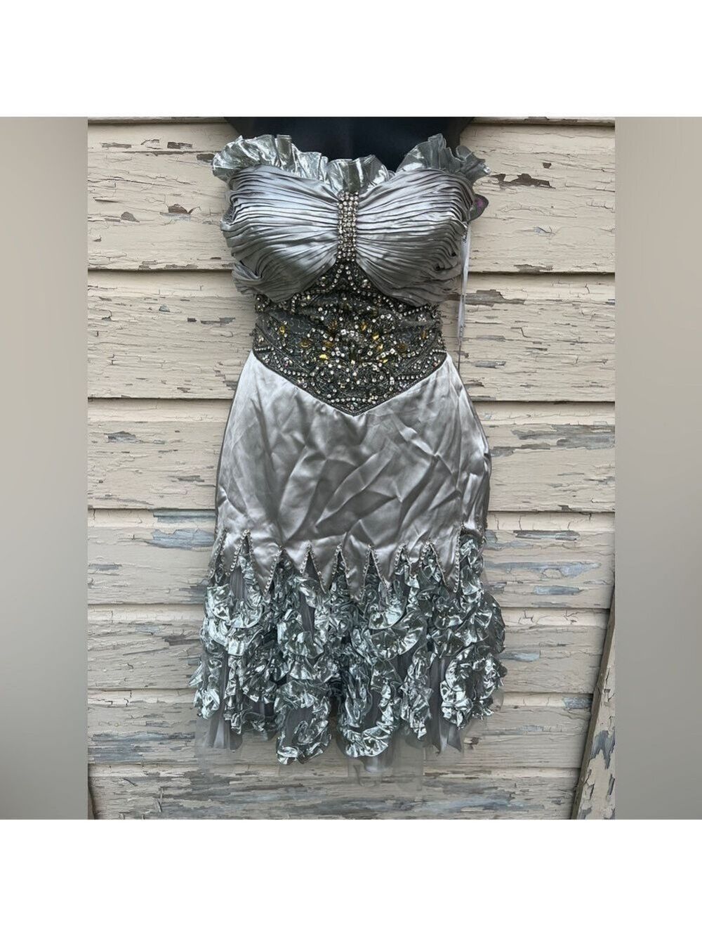 Vintage 90s Y2K Interlude USA Silver Metallic Ruffled Bling Prom Mini Dress S
